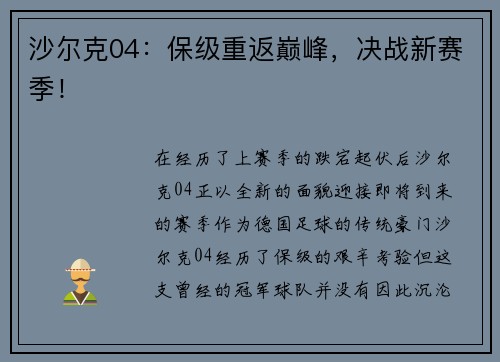 沙尔克04：保级重返巅峰，决战新赛季！